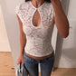 See Through White Lace Top Front Cutout Sexy Tshirt Woman Clothes Summer 2026