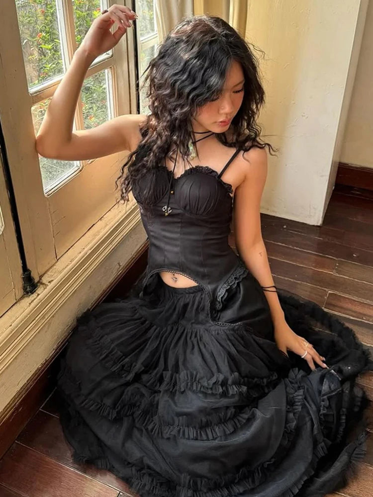 Patchwork Lace Camisole Women Fungus Edge Irregular Hem Tassel Folds Skinny Backless Low-Neck Summer Sexy Classic Tops