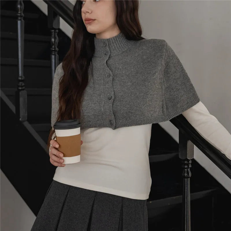 Stand Rib Collar Button Down Cropped Knit Cape For Women Dual Tone Slim Layering Short Knit Shawl Top Y2K Streetwear