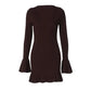 Hollow V Neck Long Sleeve Short Dresses Fashion Solid Ribbed Knitted Fall Winter Dress Woman High Quality