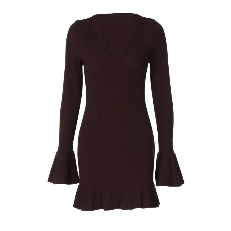 Hollow V Neck Long Sleeve Short Dresses Fashion Solid Ribbed Knitted Fall Winter Dress Woman High Quality
