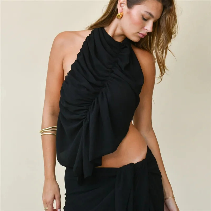 Sleeveless Asymmetrical Hem Y2K Aesthetic Tank Women Halter Neck Ruched Backless Crop Top Summer Party Vacation Clothes