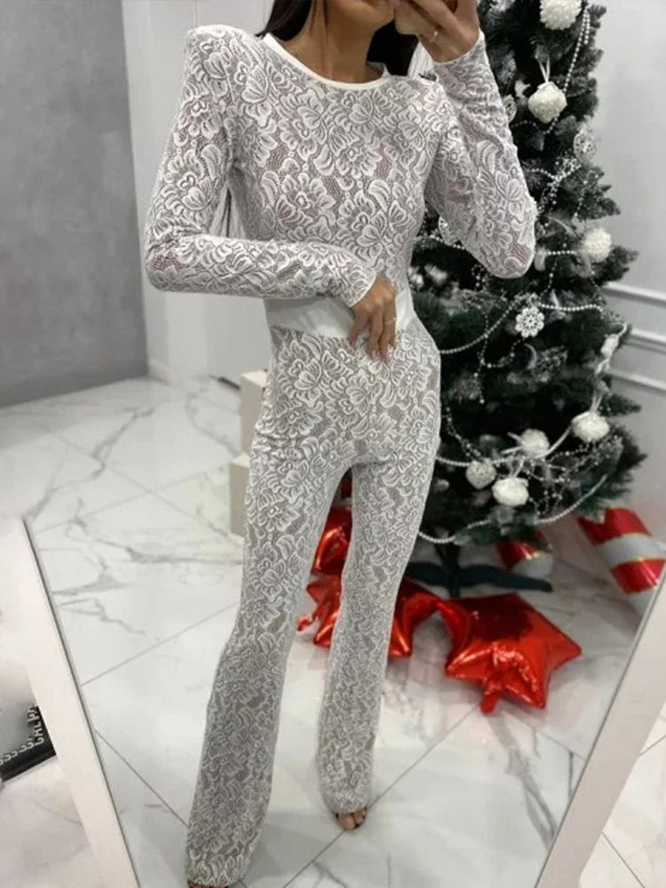Lace Print Long Sleeve Jumpsuits Women Overalls Fashion Autumn Winter New Two Layer O Neck Slim Fit Sexy Jumpsuits
