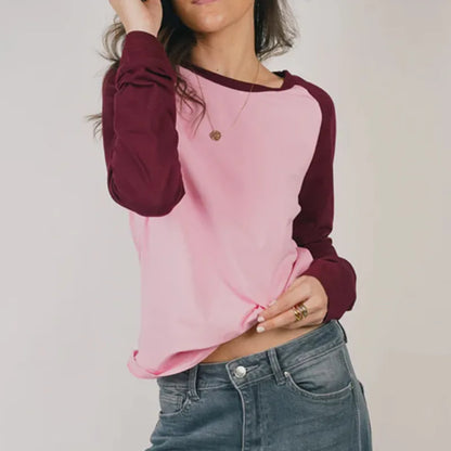 Womens Round Neck Raglan Long Sleeve Tee Color Block Contrast Patchwork Loose Casual Basic Tshirt Streetwear Daily Top