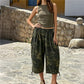 Casual Loose Wide Leg Capri Trousers Elastic Waistband Side Pockets Adjustable Drawstring Hem Baggy Cropped Culottes