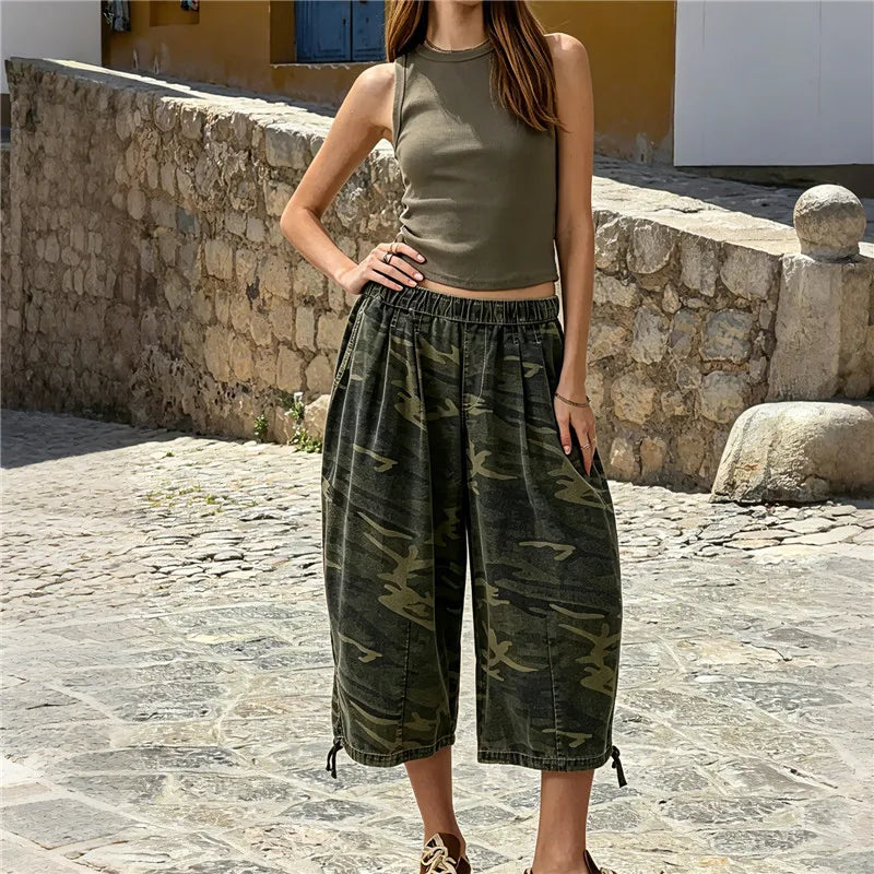 Casual Loose Wide Leg Capri Trousers Elastic Waistband Side Pockets Adjustable Drawstring Hem Baggy Cropped Culottes