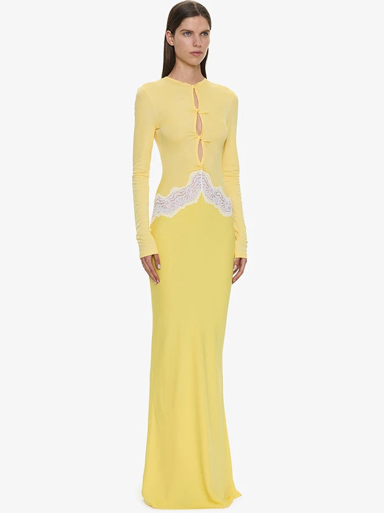 Women Color Block Maxi Dress Long Sleeve Cutout Mesh Top With Lace Trim Bodycon Mermaid Long Evening Party Dress