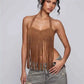 Women Suede Fringe Halter Crop Top Backless Buckle Tassel Sleeveless Western Cowboy Festival Party Streetwear Tank Tops