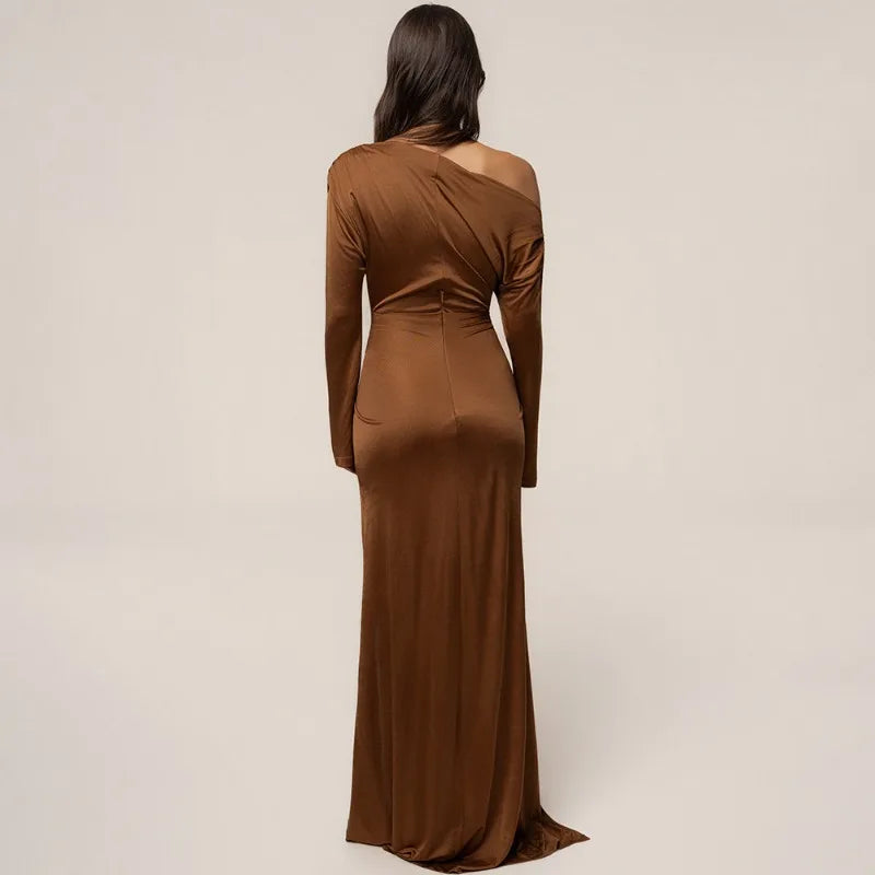 One Shoulder Draped Front Long Sleeve Maxi Dress Burgundy Evening Party Dresses Woman Elegant Fall 2026