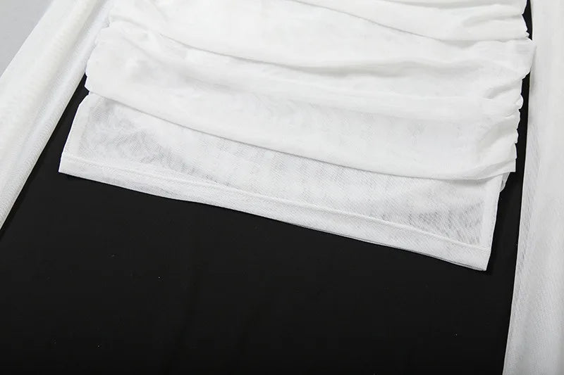 Pleated Mesh Mini Dress with Cape Sleeve See Through White Party Dresses Sexy Club Wear Woman Clothes