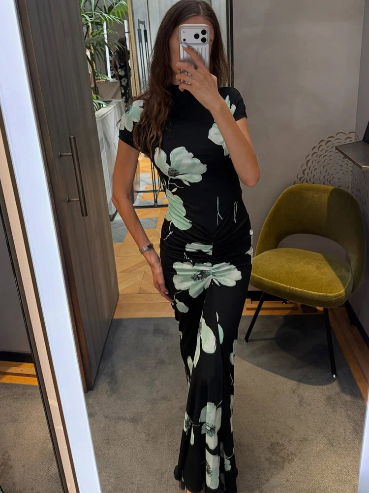 Casual Elegant Long Dress Woman Summer Trend Floral Print o-Neck Short Sleeve Vacation Basic Style High Waist Bodycon