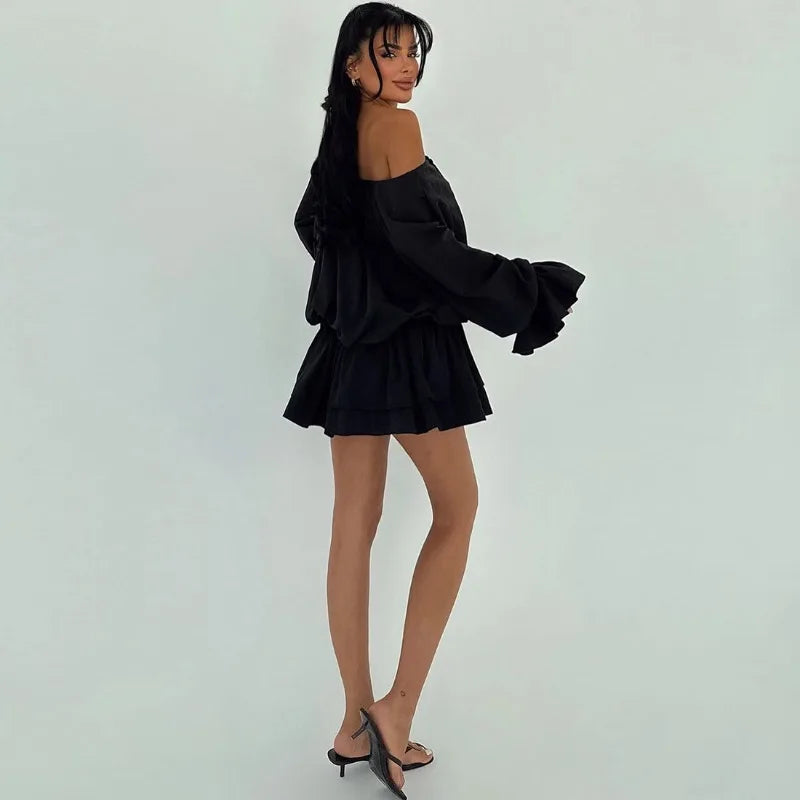 Lace Up Off Shoulder Long Sleeve Mini Dress Boho Loose Dresses for Woman Clothes Fall 2025