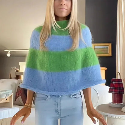 Y2K Striped Fuzzy Poncho Sweater Women Mock Neck Loose Half Sleeve Cropped Knit Cape Pullover Daily Street Outfit