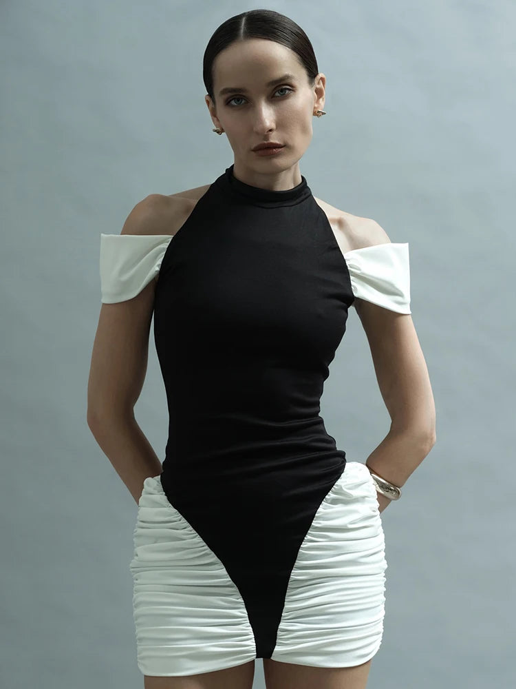 Contrast Patchwork Dress Women Shoulder Off Sexy O-Neck Pleated Y2K Summer Elegant Birthday Club Party Simple Bodycon