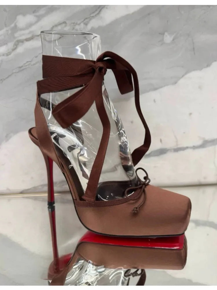 2026 Women's New Summer Square Satin High Heel Sandals with Ankle Strap, Fashionable Party and Banquet Ballet High Heels
