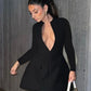 Autumn Long Sleeve Sexy Mini Dress For Women Solid Zipper Deep V Neck Two Pocket High Waist A-line Dress Femme Clothes