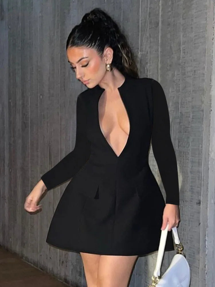 Autumn Long Sleeve Sexy Mini Dress For Women Solid Zipper Deep V Neck Two Pocket High Waist A-line Dress Femme Clothes