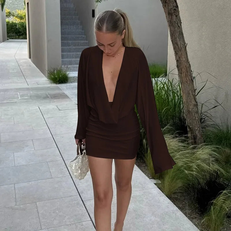 Deep V Neck Long Sleeve Mini Dress Autumn 2026 Fashion Elegant Brown Dresses for Woman Clothing