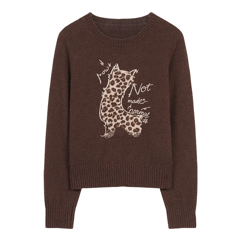 Women's Casual Pullover Sweater with Cartoon Animal Print, Long Sleeve Cozy Top for Everyday Wear