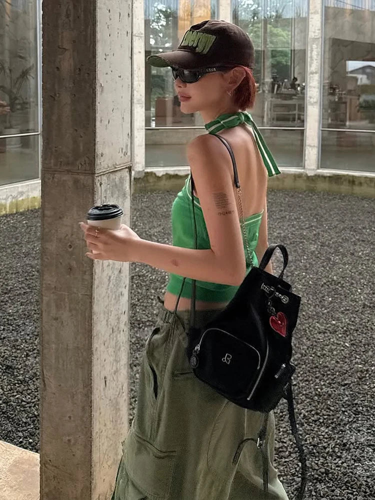 Sexy Halter Camisole Women Letter Star Print Lace-Up Backless Simple Wild Hottie Music Festival Slim Street Clubwear