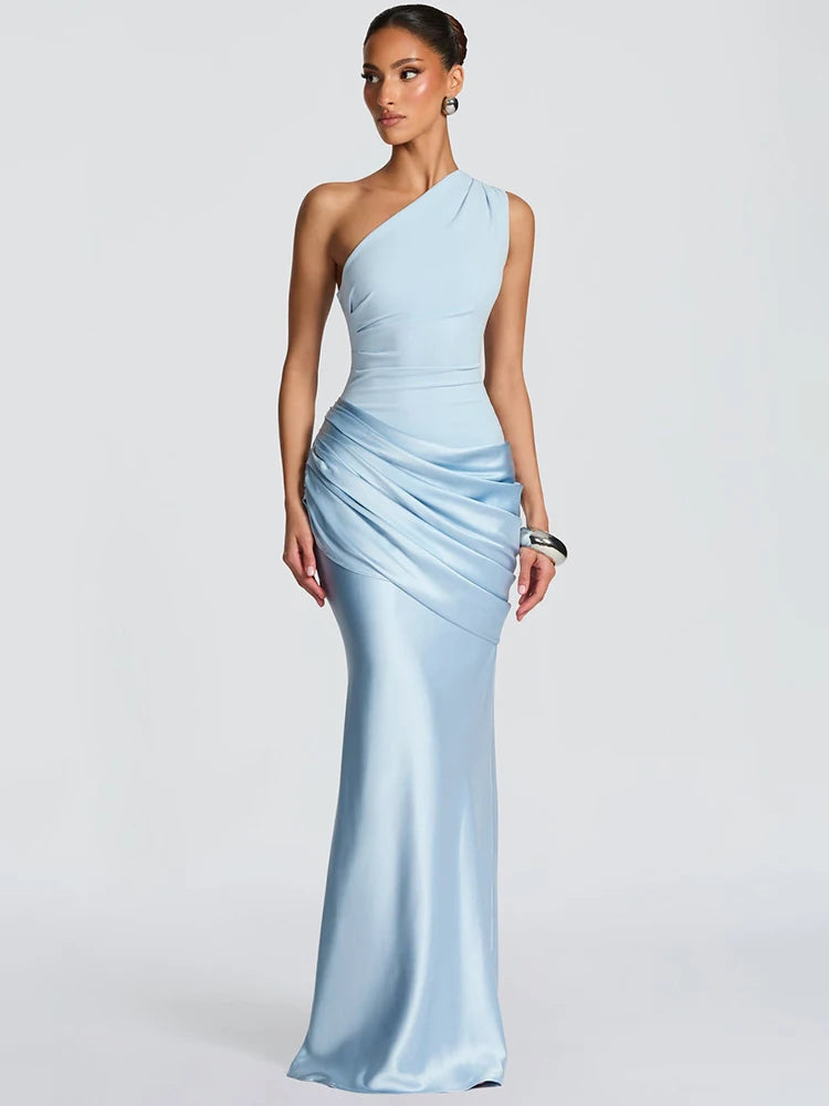 One Shoulder Backless Sexy Maxi Dress Women Gown Elegant Patchwork Skew Collar Sleeveless Bodycon Club Party Long Dress