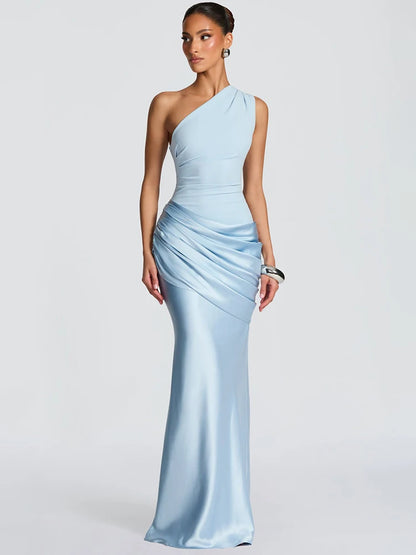 One Shoulder Backless Sexy Maxi Dress Women Gown Elegant Patchwork Skew Collar Sleeveless Bodycon Club Party Long Dress