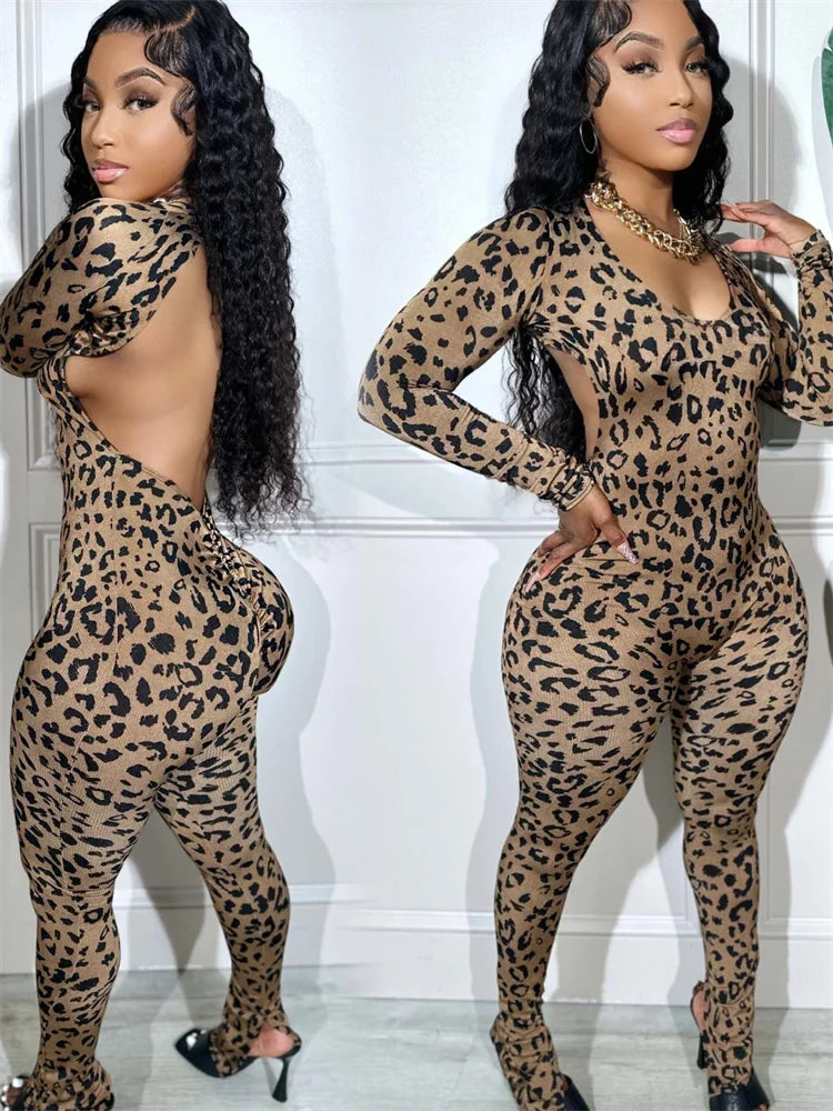 Leopard Print Jumpsuit Women Low-Neck Bandage Backless Skinny Peach Hip Hot Girl Midnight Fashion Club Party Overalls