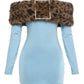 Leopard Furry Patchwork Mini Dress Woman Fake Diamonds Decoration Slash Neck Full Sleeve Backless Fashion Bodycon