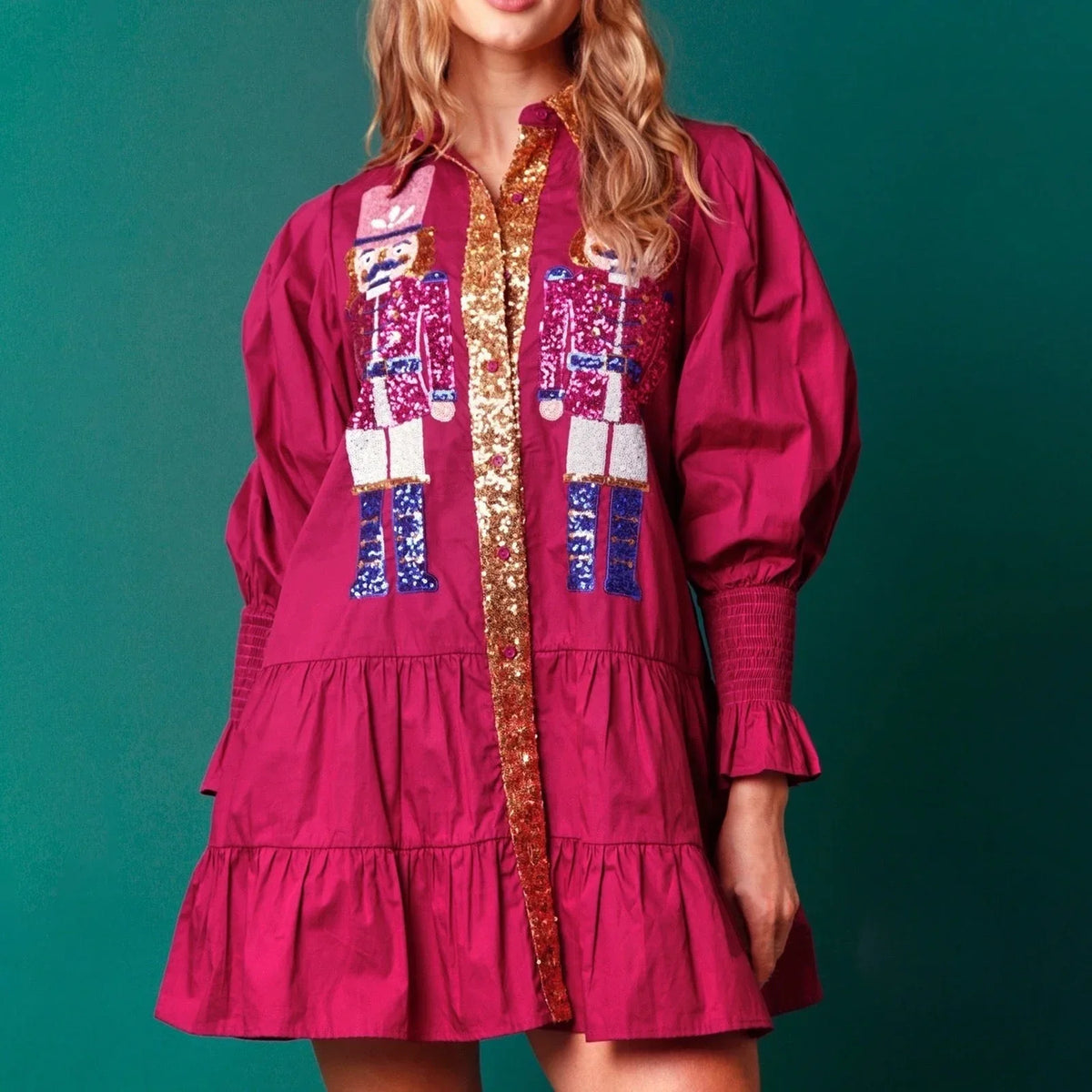 Womens Christmas Sequin Nutcracker Dress Long Sleeve Tiered Glitter Nutcracker Print Holiday Mini Shirt Dresses