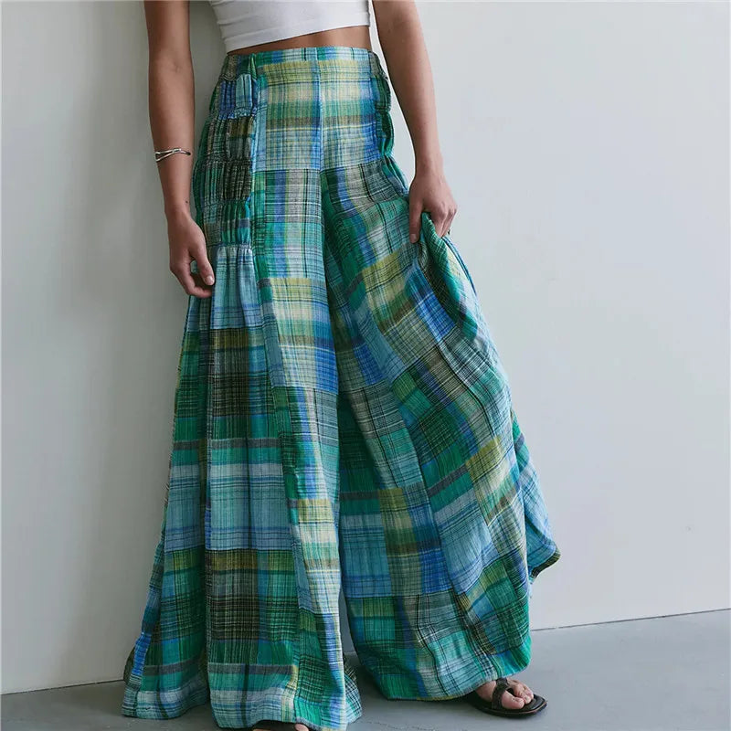Vintage Plaid Patchwork Tiered Wide Leg Pants Women Shirred Waist Flowy Loose Bohemian Casual Streetwear Trousers