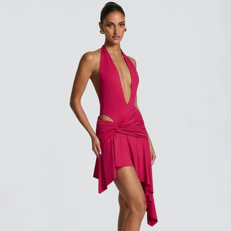 Halter Deep V Neck Backless Asymmetric Mini Dress with Ruched Handkerchief Hem Sexy Party Dresses