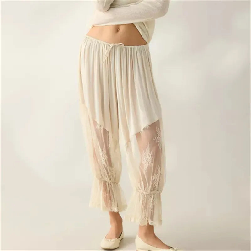 Boho Vintage Sheer Lace Harem Pants Elastic Waist Drawstring Floral Embroidery Cropped Loose Casual Pants Streetwear