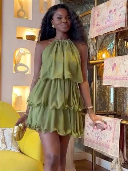 Ruched Tierred Mini Dress Women Summer New Trend Halter Off Shoulder Hot Girl Street Fashion Elegant Skinny Outfits