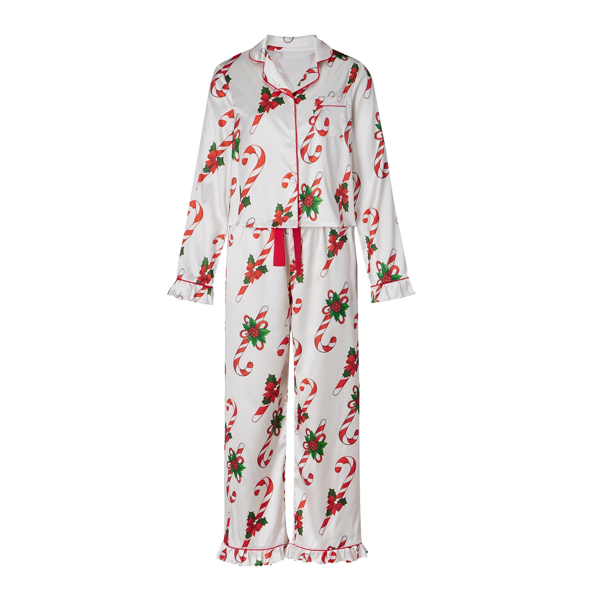 Satin Women Christmas Pajama Set Ruffle Trim Long Sleeve Shirt And Pants Santa Candy Cane Print Holiday Sleepwear