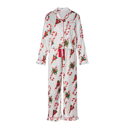 Satin Women Christmas Pajama Set Ruffle Trim Long Sleeve Shirt And Pants Santa Candy Cane Print Holiday Sleepwear