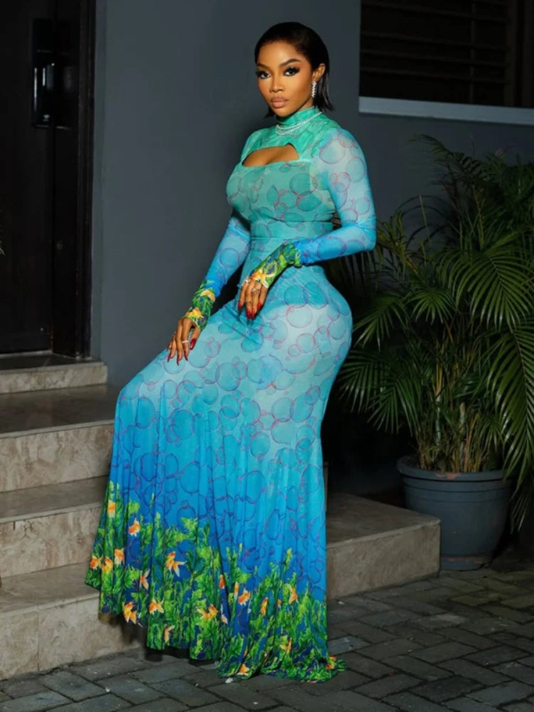 See Through Mesh Print Mermaid Dresses Woman Sexy Beach Party Hollow Long Sleeve Maxi Dress
