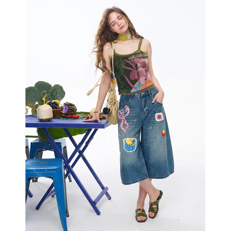 Women's Cropped Cami Top with Patchwork Tropical Leaf Print, Contrast Trim Slim Fit Spaghetti Strap Vest for Summer