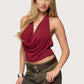Solid Women's Elegant Cowl Neck Halter Crop Top Backless Tie Up Studded Sleeveless Sexy Y2K Blouse for Party Clubwear