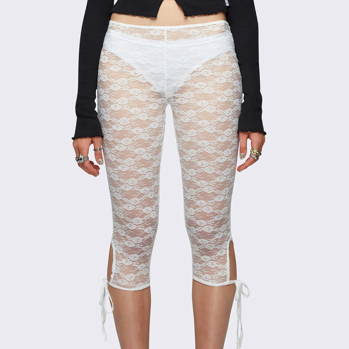Lace Capri Leggings for Women Y2k Mesh See Through Pants Fairycore Floral Lace Tights Pants for Daily Streetwear