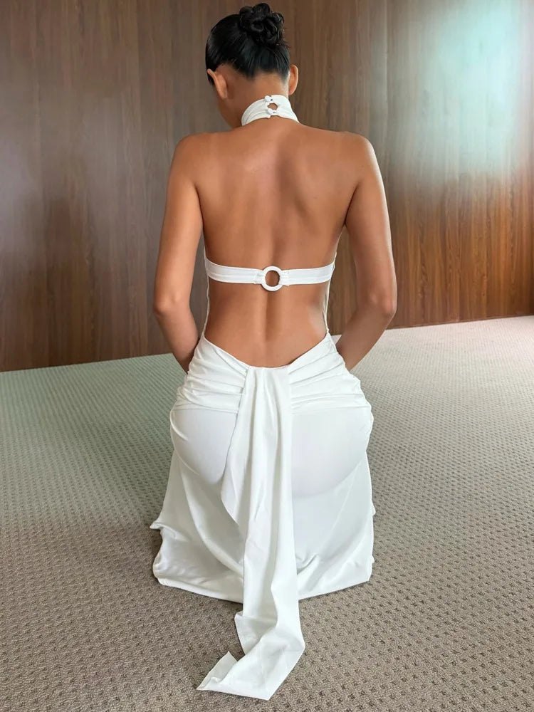 Women Halter Neck Backless Midi Dress Hollow Out Back Tie‑Up Ruffle Hem Mermaid Dress Latin Dance Party Evening Dresses