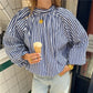 Womens Striped High Neck Blouse Puff Sleeve Open Back Bow Tie Shirt Loose Fit Vintage French Holiday Casual Tops