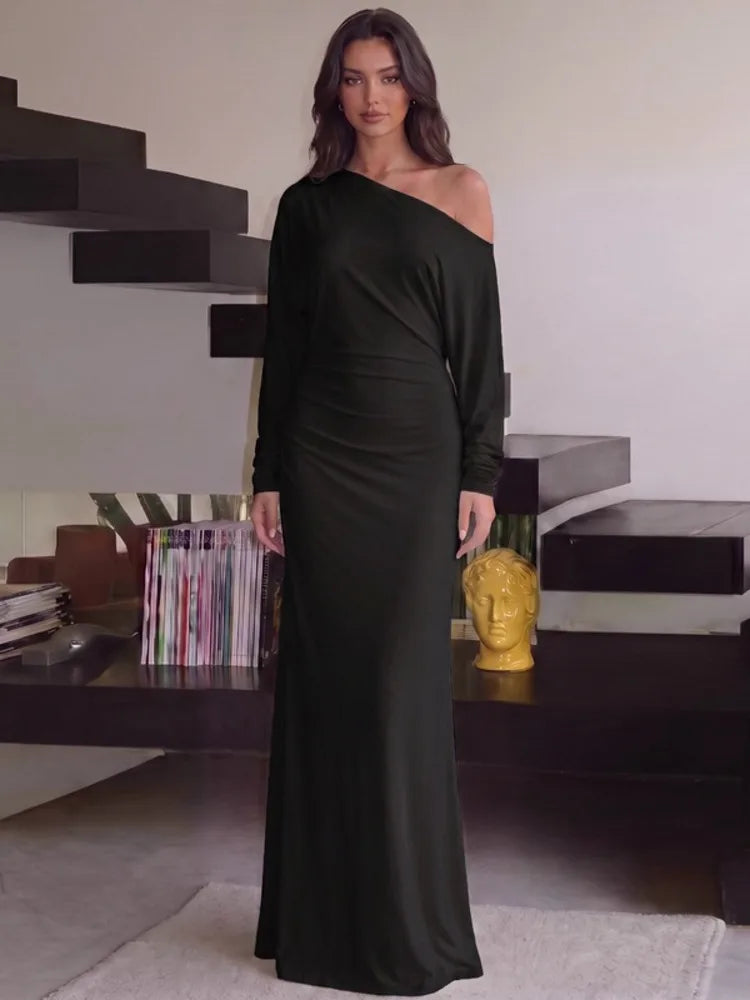 Women Elegant Off Shoulder Sexy Maxi Dress Batwing Long Sleeve Ruched Bodycon Dress Evening Party Wedding Guest Dress