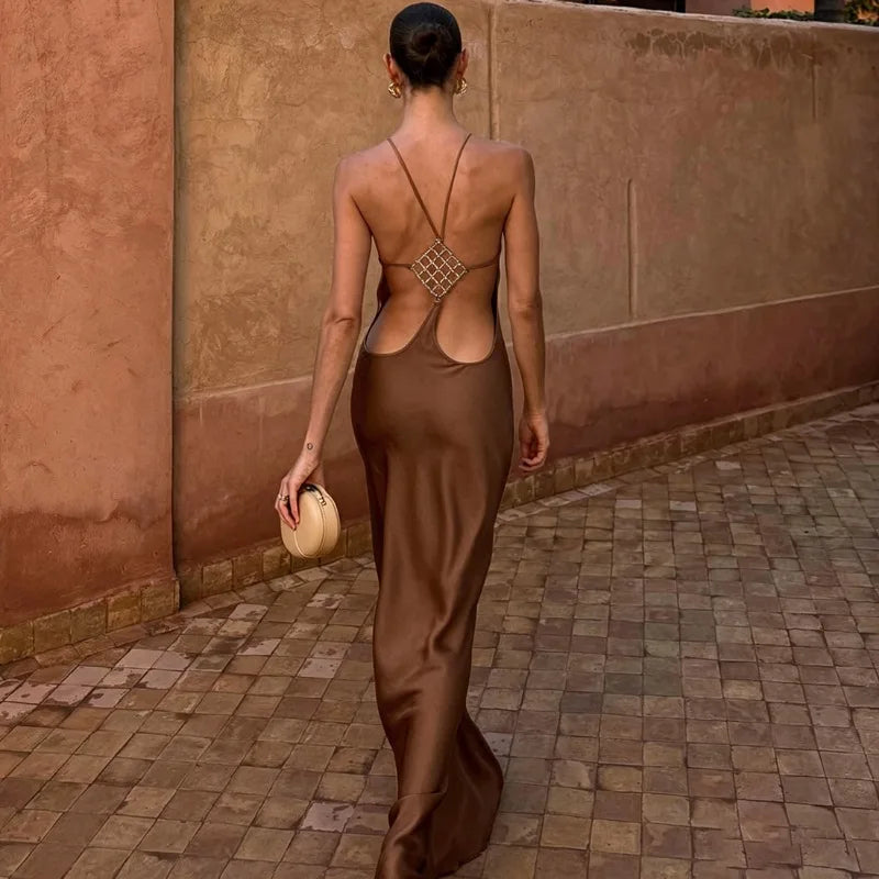Satin Backless Maxi Dresses Woman Wedding Party Attire Elegant Sexy Birthday Dress for Photoshoot