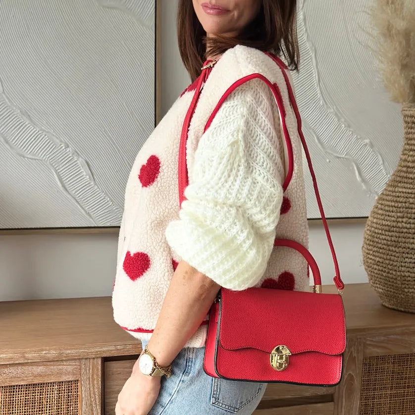 Women Winter Vest Sleeveless Jacket Button Closure Heart Print Warm Furry Vest Outwear for Valentine's Day