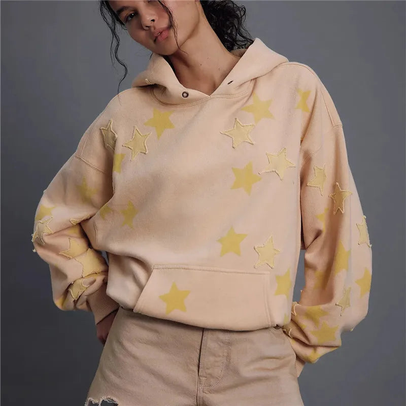 American Casual Oversized Star Patch Hoodie Women Vintage Loose Drop Shoulder Kangaroo Pocket Everyday Street Sweatshirt
