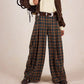 Women Y2k Gingham Wide Leg Mid Rise Holiday High Street Tartan Pants Vintage Plaid Baggy Trousers with Pockets
