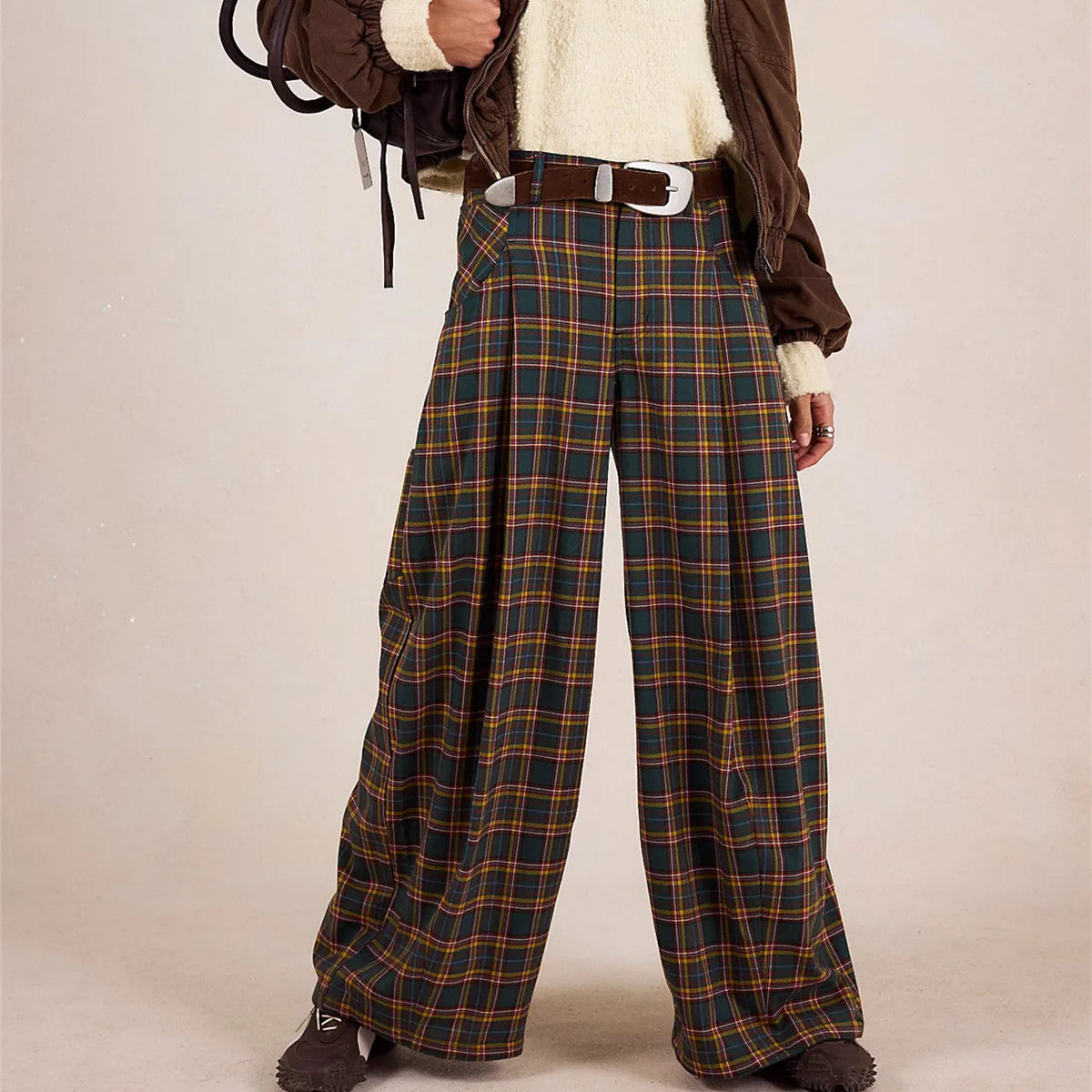 Women Y2k Gingham Wide Leg Mid Rise Holiday High Street Tartan Pants Vintage Plaid Baggy Trousers with Pockets
