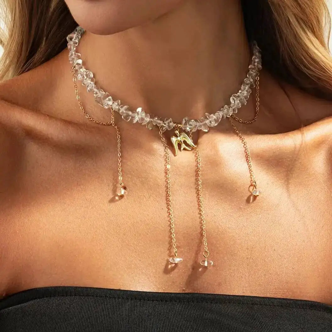 Bohemia Crystal Metal Tassel Pendant Chokers Necklace for Women Trendy Elegant Gold Color Chain Wed Bride Y2K Jewelry