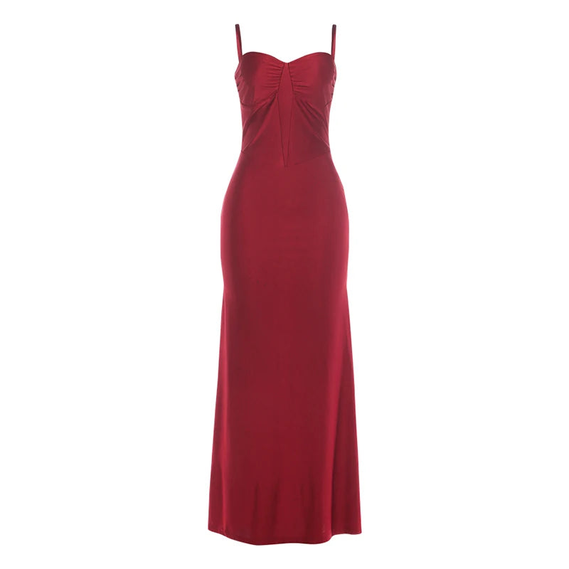 Elegant Low-Neck Folds Maxi Dress Women Sleeveless Skinny Dinner Party Vacation Summer Fashion Simple Classic Vestidos