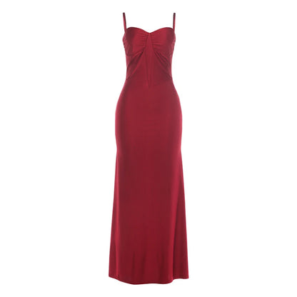 Elegant Low-Neck Folds Maxi Dress Women Sleeveless Skinny Dinner Party Vacation Summer Fashion Simple Classic Vestidos